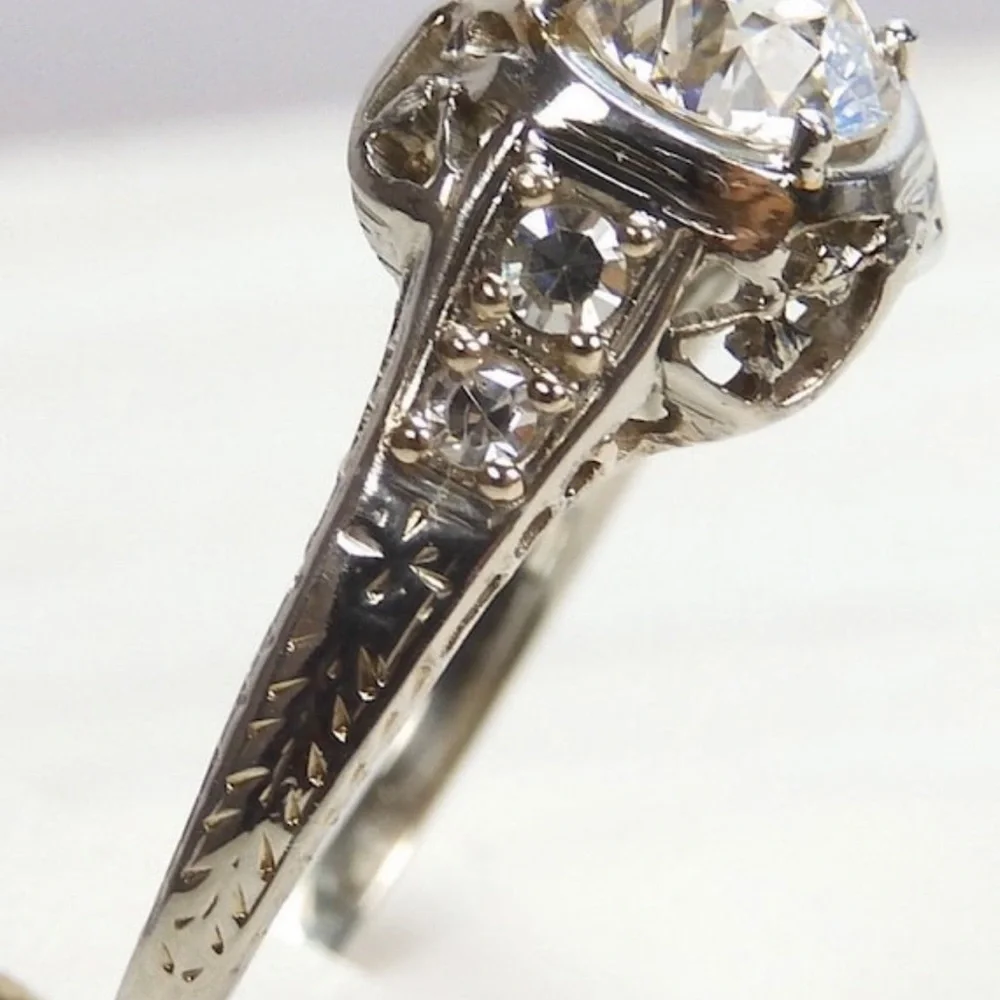 Art Deco 97ct 1920s Antique Old European Cut Diamond 18k white gold ring estate - Picture 7 of 14